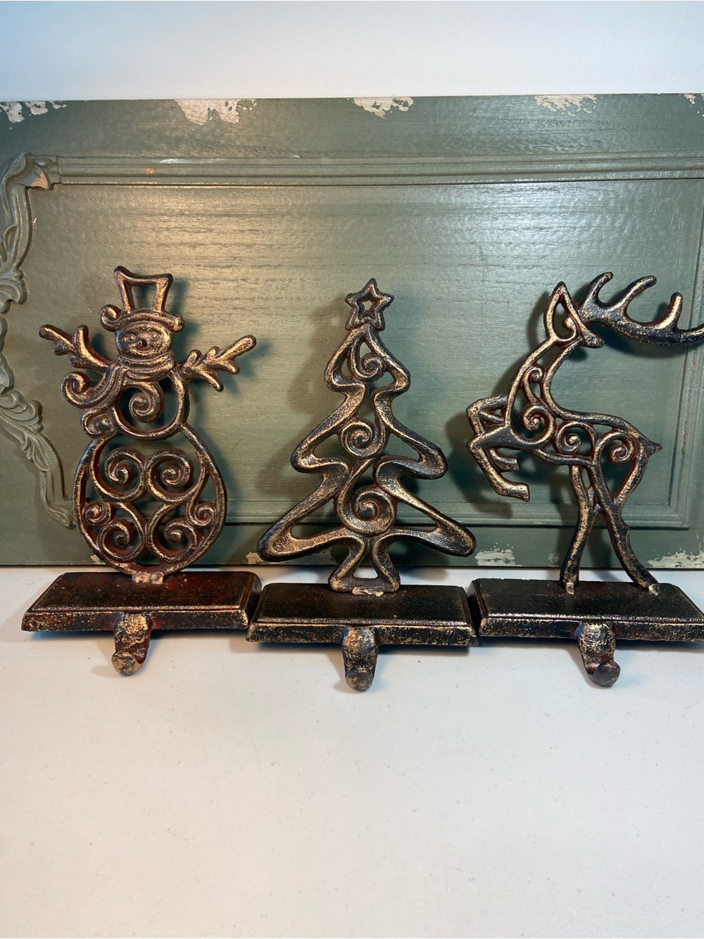 Rustic Cast Iron Metal Stocking Holder- Snowman, Tree & Reindeer - Bronze Finish
